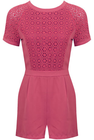 Fuschia Block Colour Knitted Flower Back Zip Up Playsuit