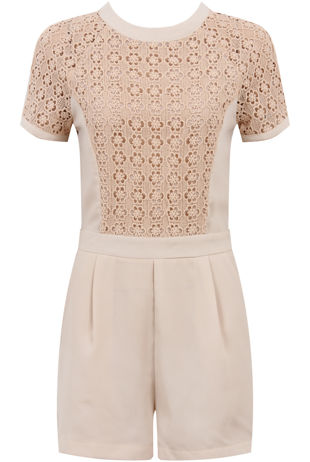 Beige Block Colour Knitted Flower Back Zip Up Playsuit
