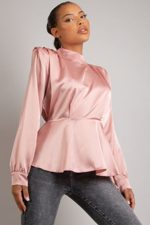 Rose Satin High Neck Peplum Top