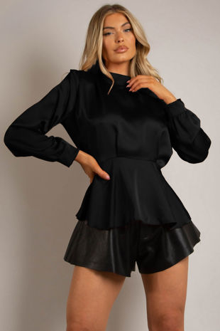 Black Satin High Neck Peplum Top