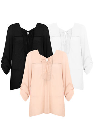 Cheesecloth Tie Neck Blouse - 3 Colours Pack