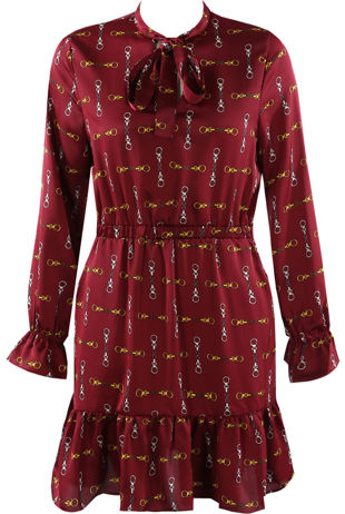 Wine Printed Frill Hem Shift Dress