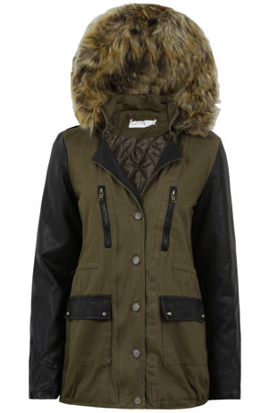 Khakhi Fur Hooded Parka Jacket With Long PVC Sleeves