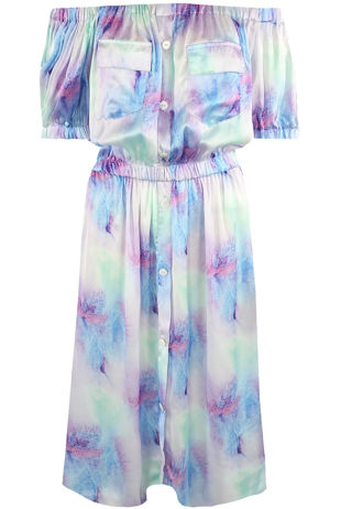 Blue Tie Dye Bardot Button Up Dress