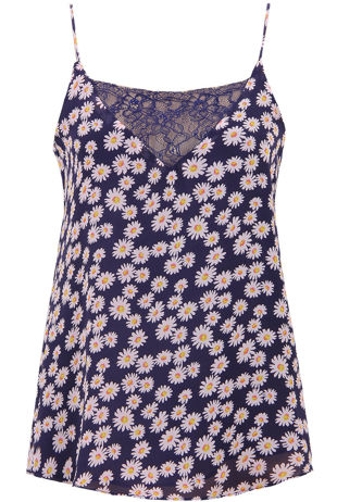 Navy Flower & Mesh Detail Strappy Chiffon Top