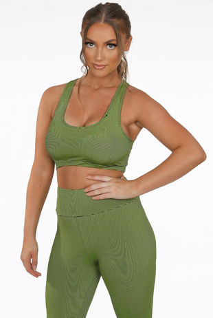 Green Stripe Print Round Neck Top And Ruched Back Active Pant Set