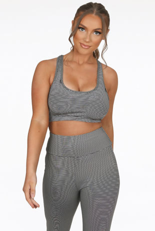 Dark Grey Stripe Print Round Neck Top And Ruched Back Active Pant Set