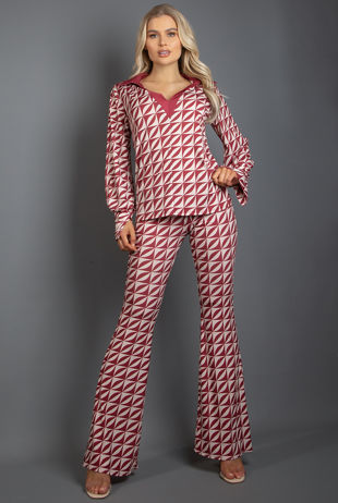 Red Printed Blouse & Flare Trouser Set