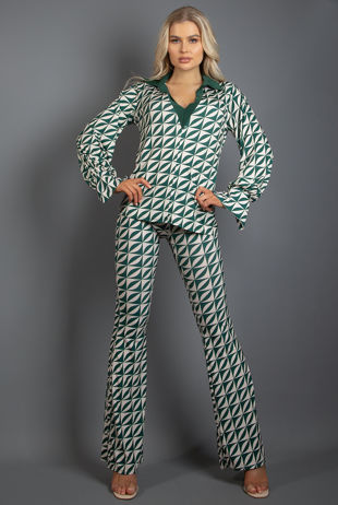 Green Printed Blouse & Flare Trouser Set