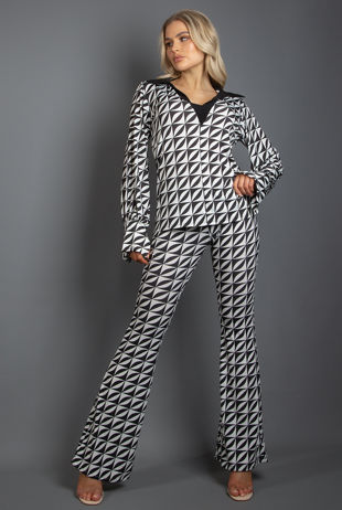 Black Printed Blouse & Flare Trouser Set