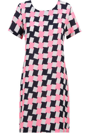 Pink Block Print Contrast Crepe Shift Dress