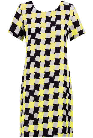 Yellow Block Print Contrast Crepe Shift Dress