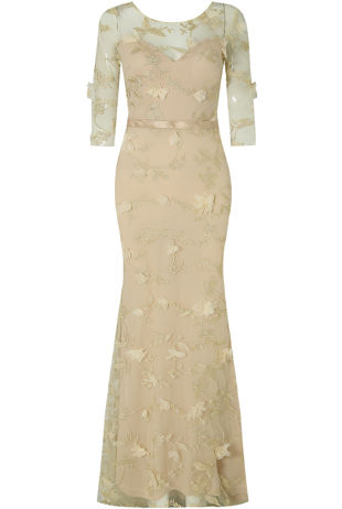 Beige Flower Foil Crochet Netted Maxi Dress