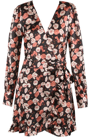 Black Floral Print Wrap Dress