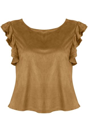 Camel Suede Frilled Sleeve Top