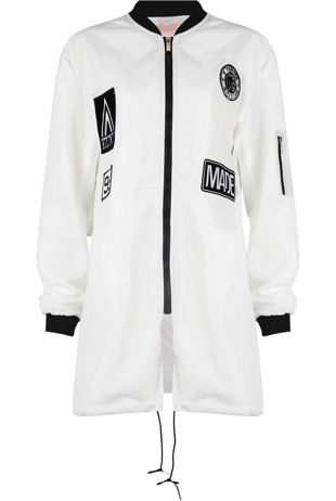 White Slogan Long Bomber Jacket