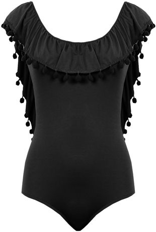 Black Open Back Pom Pom Trim Bodysuit