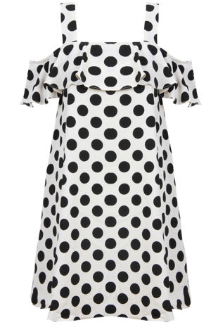 Cream With Black Polka Dot Off  the Shoulder Blouson Dress