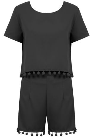Black Pom Pom Top And Shorts Set