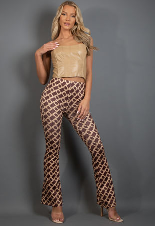 Beige Chain Print Flare Trousers-Copy