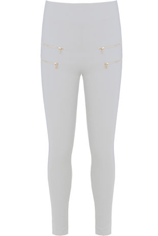 Cream Double Gold Zip Pocketed High Waist Jeggings