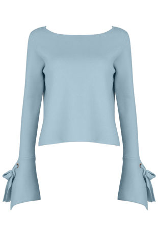 Blue Tie Sleeves Ribbed Tops