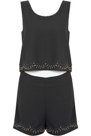 Black Embellished Crop Top & Shorts Set