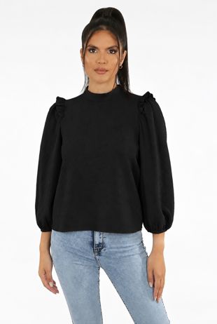Black Frilled Shoulder High Neck Blouse
