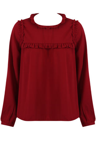 Ruffle High Neck Blouse in Burgundy