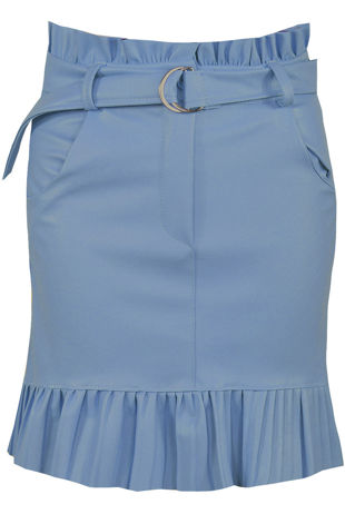 Blue Pleated Hem Belted PU Mini Skirt