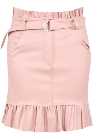Pink Pleated Hem Belted PU Mini Skirt