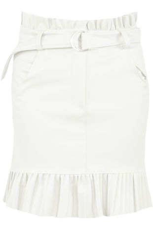 White Pleated Hem Belted PU Mini Skirt