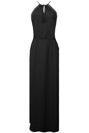 Black Tie Neck Jewel Detailed Chiffon Maxi Dress