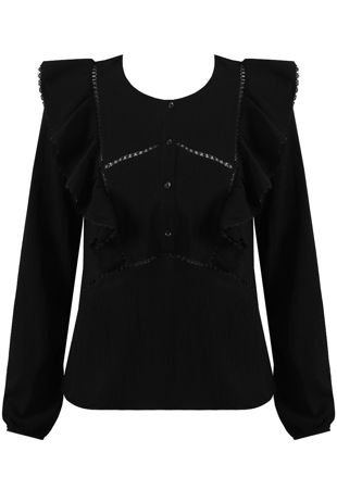 Black Crinkle Ruffle Trim Tops