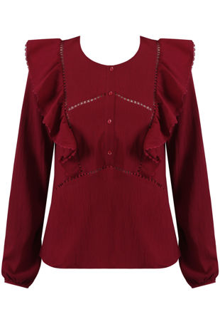 Burgundy Crinkle Ruffle Trim Tops