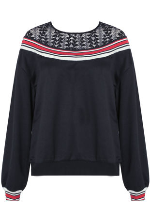 Navy Contrast Floral Lace Back Button Up Knitted Jumper