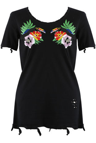 Black Tucano Beads Trim Ripped Tee