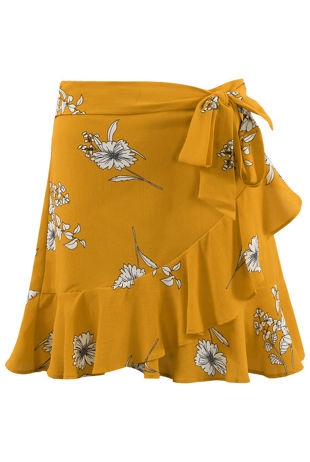Mustard Floral Side Knot Overlap Skirt