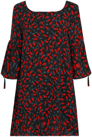 Printed Bell Sleeve Day Dress in Red