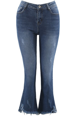 Denim Blue Frayed Flare Jeans