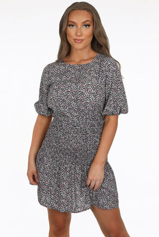 Black Floral Mini Dress With Gatherings