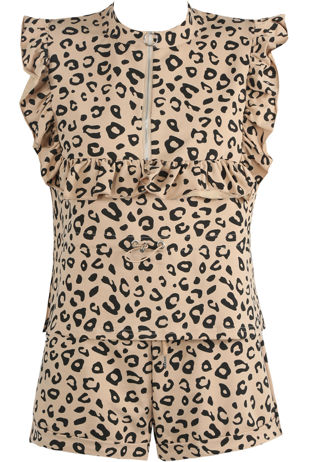 Beige Animal Print Frilled Top And Shorts Set