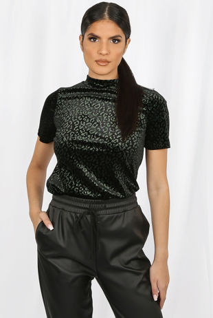 Green Velvet Animal Print Short Sleeve Top 