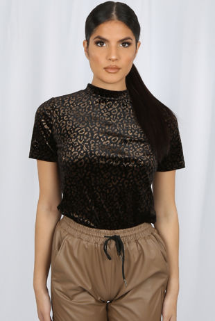 Beige Velvet Animal Print Short Sleeve Top 