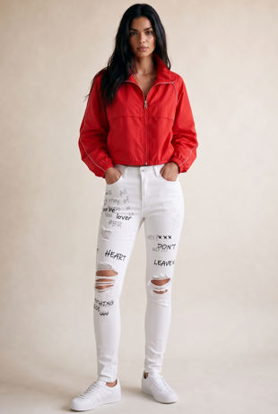 White Graffiti Ripped Knee Skinny Jeans