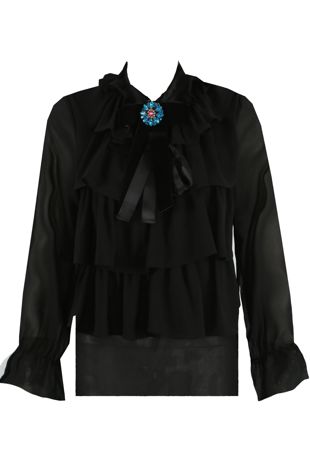 Black Chiffon Frill Knot Trim Blouse