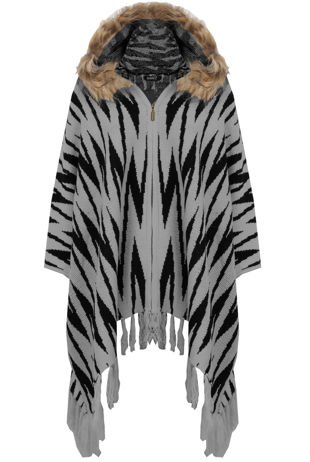 Grey Coloured Zig Zag Print Faux Fur Hooded Zip Up Cape