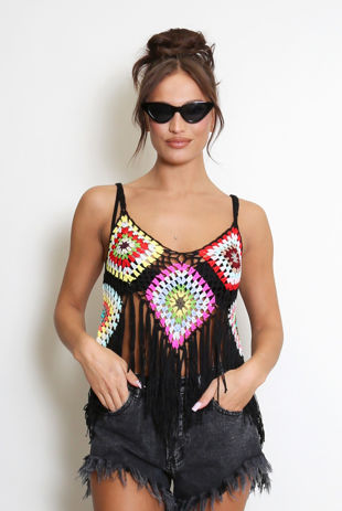Black Tassel Crochet Crop Top