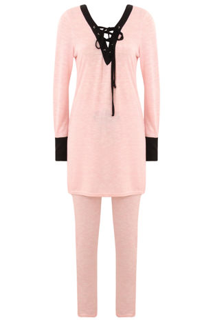 Pink Lightweight Tie Neck Tunic & Trouser Set