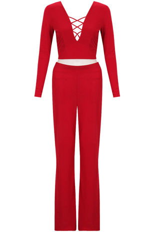 Red Front Cut Out Tops & Palazzo Trouser Set